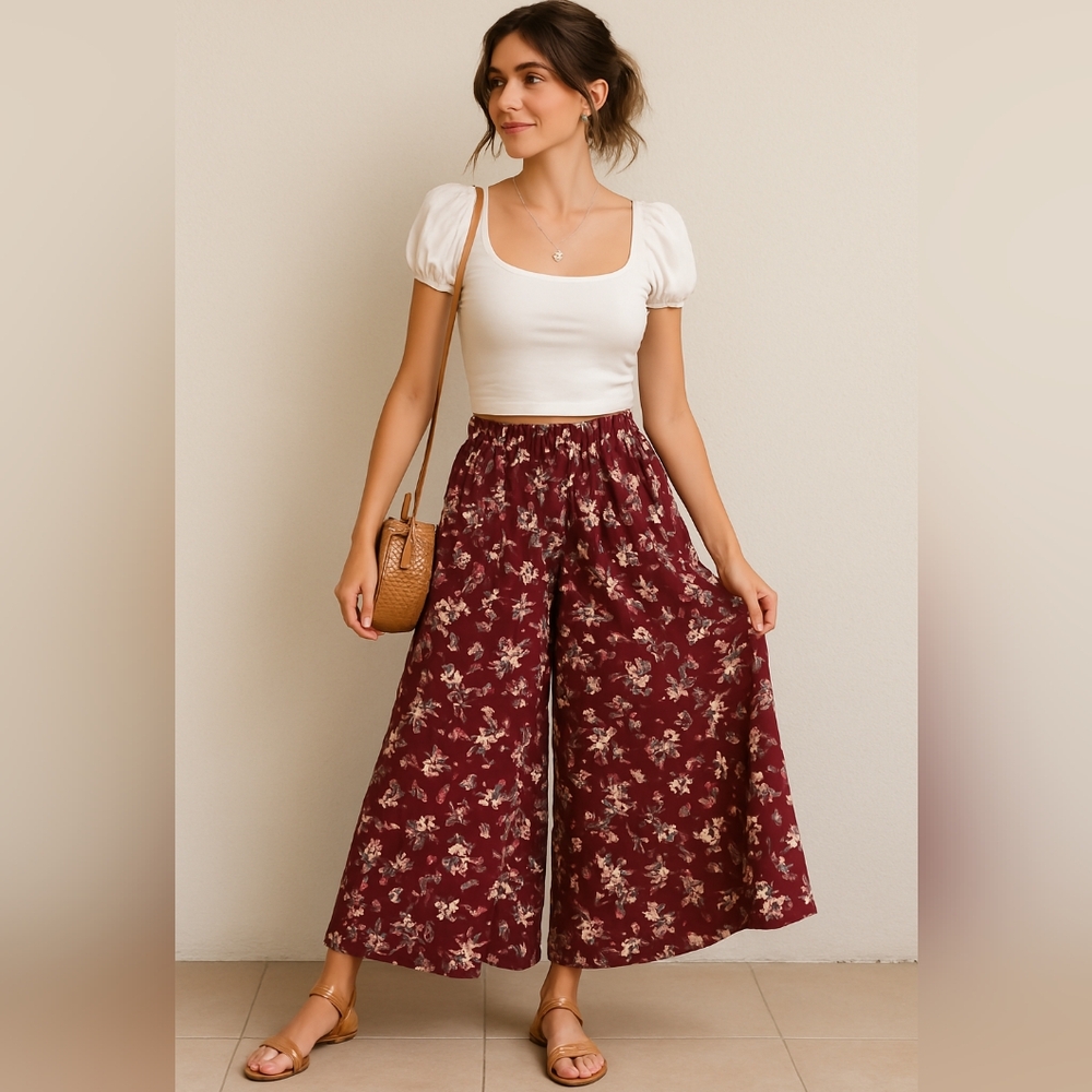 💥Burgundy floral wide leg pants | Boho Cottagecore Aesthetic Elastic Waist (M)